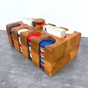 Vintage Wood Poker Chip & Card Holder Caddy Organizer Set w Playing Cards, Chips
